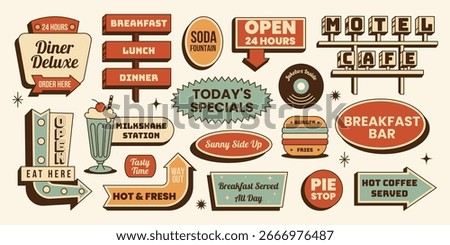 Retro sticker set. Dinner lunch breakfast diner signs,motel signboards,burger,milkshake,arrows and more. Vector illustration in vintage colors mid century 50s, food flyer,travel design,restaurant menu