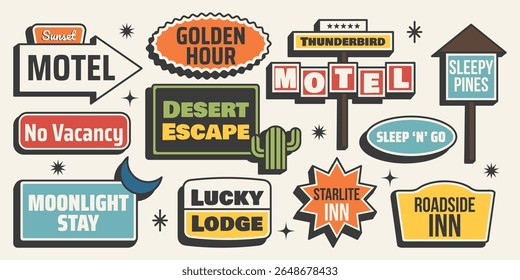 Retro sticker set. Motel signboards, direction signs, words, retro summer vibes and trip elements. Vector illustration in vintage midcentury style