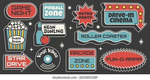 Retro sticker set. Signs for arcades, bowling, vinyl and games in vintage mid century 50s style. Vector illustration on dark background