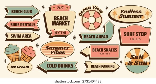 Retro sticker set. Summer beach roadside signs, surf stop, beach market, cold drinks, ice cream, arrows and vacation badges. Isolated Vector illustration in vintage colors mid century 1950s style
