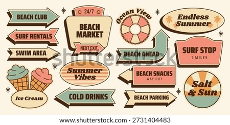 Retro sticker set. Summer beach roadside signs, surf stop, beach market, cold drinks, ice cream, arrows and vacation badges. Isolated Vector illustration in vintage colors mid century 1950s style
