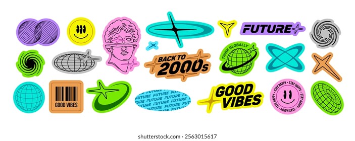 Retro sticker set in trendy Y2k 2000s text quote label collection. Funny futuristic tags with rave party text, urban, future, good vibes. Vintage y2k emblems and logos