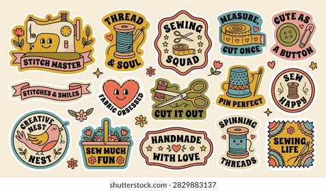 Retro Sticker Sheet Featuring Vintage Sewing Illustrations and Crafty Quotes including Sewing Machine, Thread Spool, Scissors, Thimble and Tape Measure in a Colorful Y2K Aesthetic Vector Art.