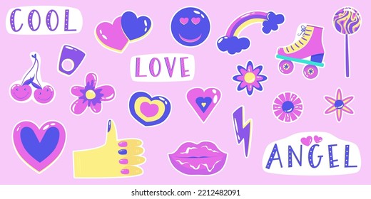 Retro sticker y2k set. Hipster Y2k aesthetic collection. Retro vintage girly badge collection. Sticker pack. Vector graphic illustration