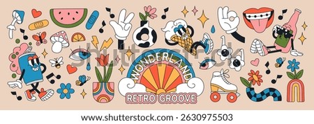 Retro stickers of 70s set. Funky hand gestures, flowers, rainbow, characters in groovy style. Doodle elements with summer vibe of 80s, funny hippie aesthetics. Flat isolated vector illustrations