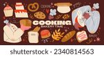 Retro stickers characters  bakers from the 90s cooking. Cartoon vintage style, groovy illustration of a bakery, coffee house, dough,buns croissants, cakes. Chef in the uniform baking bread