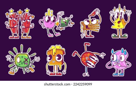Retro stickers food and breakfast y2k funny characters isolated set. Sandwich toast with butter, tomato and bacon, cheese, sausage slice and tea cup crazy personages, Cartoon vector patches pack