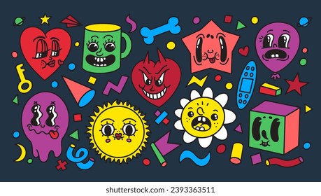 Retro stickers. Fun cartoon icons. Funny collage. Happy and angry love hearts. Doodle comic shapes. Emotion expressions. Graphic art face. Crazy flower. Cartoon emoticons set. Vector trendy poster