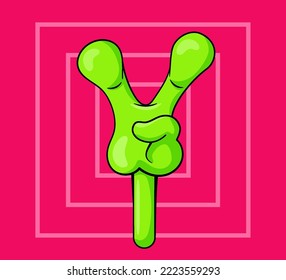 Retro stickers green alien fingers stacked in victory gesture.UFO space theme. Planets, aliens, cartoon Hibster style. Vector illustration