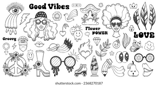 Retro stickers of groovy girls tattoo. Fashion art of 70s. Vintage icons set with cute hippie women in sunglasses, funky butterflies, flowers, symbol of peace and love. Vector hand drawn illustration