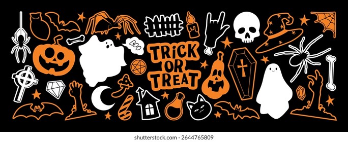 Retro stickers for Halloween design. Vector illustration with adhesive film with Halloween symbols in y2k style for decoration banner, poster, social media, web. Retro stickers.