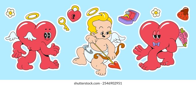 Retro stickers with heart and Cupid characters set isolated on background. Contemporary vector cartoon illustration of groovy Valentine Day icons, baby angel with arch, engagement ring, romantic gift