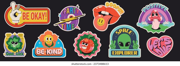 Retro stickers or labels set with flower, okay hand gesture, love symbol, positive mushroom, alien and mouth. Groovy hippie icons, funny comic characters. Tag or badge design in trendy style.