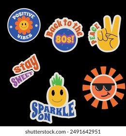 retro stickers, positive vibes, peace, stay sweet, sparkle on, sun 