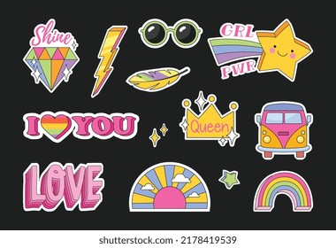 Retro stickers set. Collection of badges for social networks in old style. 70s, 80s and 90s. Lettering, sun, rainbow and lightning. Cartoon flat vector illustrations isolated on black background