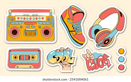 Retro stickers set. Colorful shoe and headphones, casette. Cool attitude. Back to 80s and 90s. Groovy and psychedelic emoticons. Flat vector collection isolated on beige background