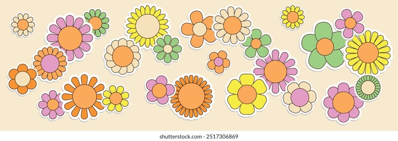 Retro stickers set different daisy flowers. Hippy groovy daisy flower set. Colorful vector illustration isolated on white background in vintage style. 70s 60s nostalgic elements for poster, card