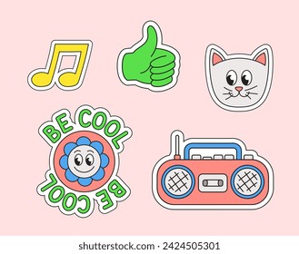 Retro stickers set. Green thumb, grey cat and yellow notes. Emoji and emotions for social networks. Positivity and optimism. Cartoon flat vector collection isolated on pink background