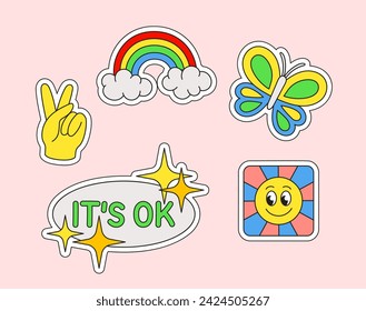 Retro stickers set. Rainbow, butterfly and two fingers. Emoji and emotions for social networks. Back to 80s and 90s. Cartoon flat vector collection isolated on pink background