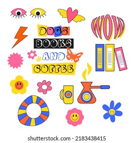 Retro stickers set. Y2k trendy hipster vector design. Fun groovy retro clipart elements. 
