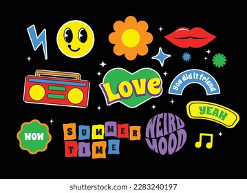 Retro stickers with smile faces, cartoon comic label patches. Funky, hipster retrowave stickers in geometric shapes. Vector illustration of y2k , 90s