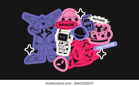 Retro stickers space and galaxy. Cartoon robots, flying saucers, spaceships, planets. Trendy rector patches, badges, labels, stickers, logos in retro 90s doodle style