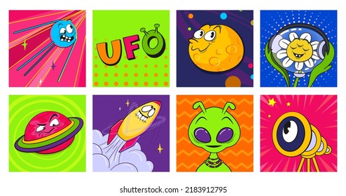 Retro stickers space theme UFO in a square. Planets, aliens, spaceship, hippie chamomile, satellite. Vector illustration in cartoon style