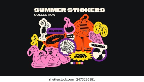 Retro stickers summer and pool party. Trendy labels in a minimalist style with cocktails, inflatable rings, mascots, shells. Set of doodle cartoon vector patches in 90s style