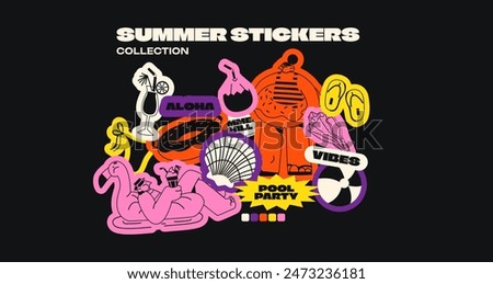 Retro stickers summer and pool party. Trendy labels in a minimalist style with cocktails, inflatable rings, mascots, shells. Set of doodle cartoon vector patches in 90s style