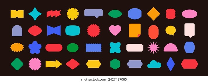 Retro Stickers Templates Set. Colorfull Shapes Collection of Blank Labels with Copy Space. Trendy Patches and Banners Mockups Bundle Isolated