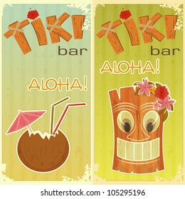 retro stickers for Tiki bars, Hawaiian party, two postcards in vintage style with hand drawn text Aloha and Tiki - vector illustration