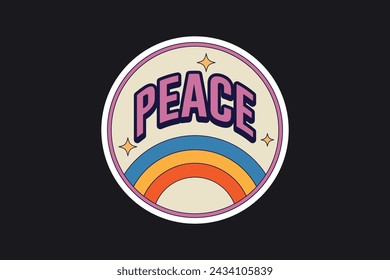 Retro stickers of the word Peace with a rainbow in a circle