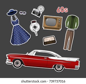 Retro Stikers. Set Of Vintage Objects On White Background. Old Fashion 60's. Icons Of Cars, Clothes And Electronics. Vector Illustration