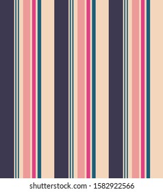 Retro stipe seamless pattern with Dark blue, Ocean blue, Pink, Coral pink and beige colors vertical parallel stripes.Vector abstract background. 