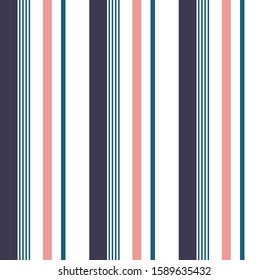 Retro stipe seamless pattern with Dark blue, Ocean blue, Coral pink and white colors vertical parallel stripes.Vector abstract background. 