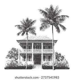 Retro stippling vector illustration of tropical house with palm trees, vintage photocopy texture, monochrome architectural print style, nostalgic summer villa artwork