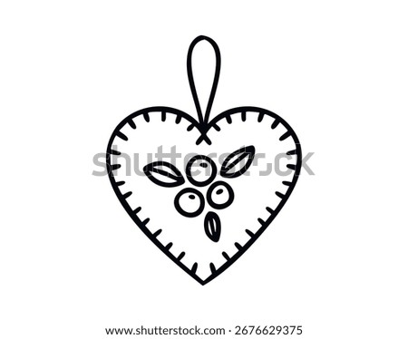 Retro stitched heart keychain with berries line art outline, monochrome hand drawn. Vector illustration.