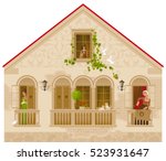 Retro stone house with people in windows, vector illustration. Vintage street architecture, victorian style building, poster template. Cute cartoon beautiful senior and young citizens, kids, adults
