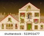 Retro stone house with people in windows, vector illustration. Vintage street architecture, victorian style building, poster template. Cute cartoon beautiful senior and young citizens, kids, adults