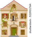 Retro stone house with people in windows, vector illustration. Vintage street architecture, victorian style building, poster template. Cute cartoon beautiful senior and young citizens, kids, adults