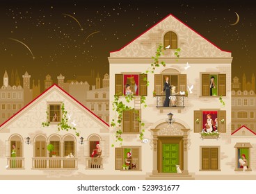 Retro stone house with people in windows, vector illustration. Vintage street architecture, victorian style building, poster template. Cute cartoon beautiful senior and young citizens, kids, adults