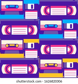 Retro storage devices seamless pattern. Repetitive vector illustration with video tape, diskette and cassette. EPS 10.