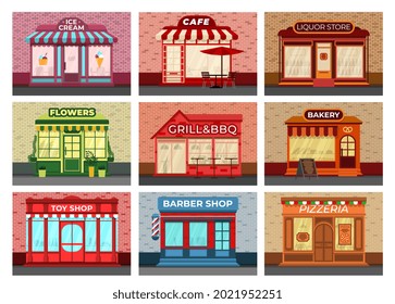 Retro store facades. Different stores, local storefront in brick wall. City shop, bakery supermarket and barber retail. Commercial building recent vector set