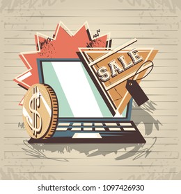 retro store label with laptop