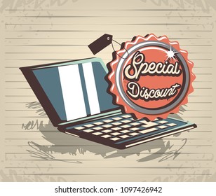 retro store label with laptop