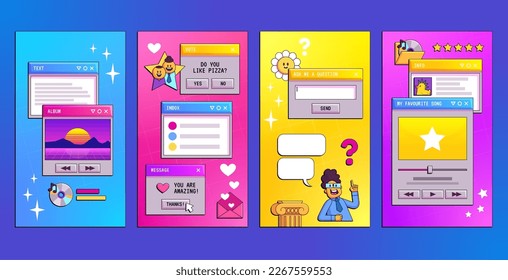 Retro story design template and computer message window cartoon vector illustration set  Vintage 90s vertical media post and daisy flower  Funky vaporwave ig ask me question layout and gradient 