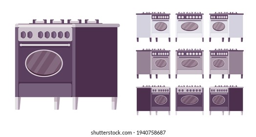 Retro stove set, kitchen appliance with vintage design. Device to cook, heat food, household equipment. Vector flat style cartoon illustration isolated, white background, different colors and views