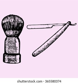 retro straight razor and shaving brush, doodle style sketch illustration hand drawn vector