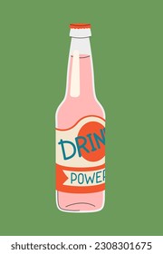 El concepto retro de la bebida de fresa. Botella de vidrio con refresco o jugo, bebida fría en temporada de verano. Pegatina para redes sociales y mensajeros. Dibujo vectorial plano de dibujos animados aislado en fondo rosa