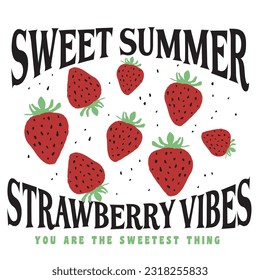 Retro Strawberry Vibes slogan print with strawberry illustration. Fashion vector graphics for t-shirt print and other uses.